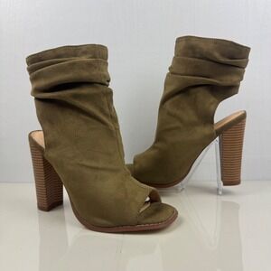LILIANA Women's Olive Green Suede Peep Toe‎ Ruched Heeled Booties Size 8.5